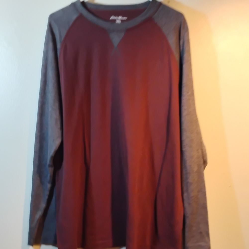 Eddie Bauer Long Sleeve Shirt, Men XXL Burgundy Grey Raglan Colorblock Crew Neck